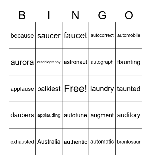 au multisyllabic BINGO Card
