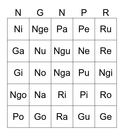 Pantig Bingo Card