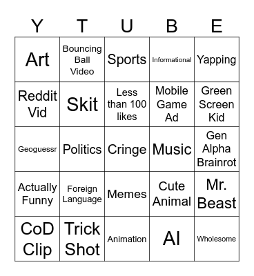 Youtube Shorts Bingo Card