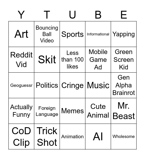 Youtube Shorts Bingo Card