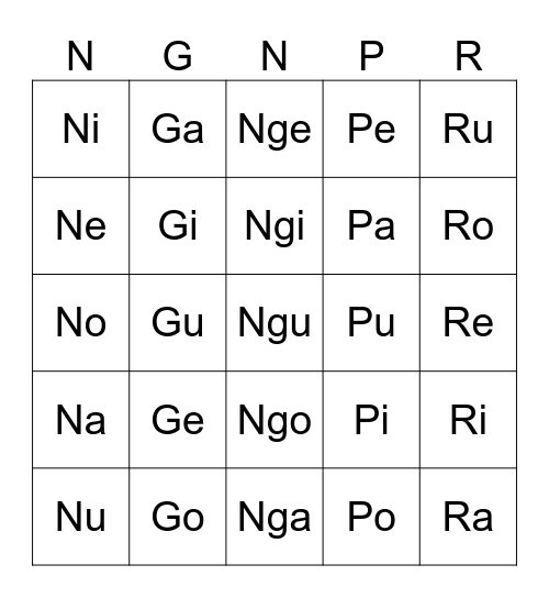 Pantig Bingo Card