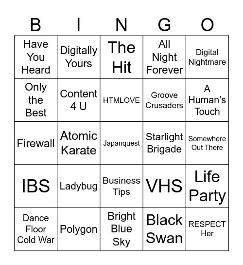 Digital Nightmare Setlist Bingo Card