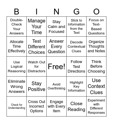 Test Taking Strategies! Bingo Card