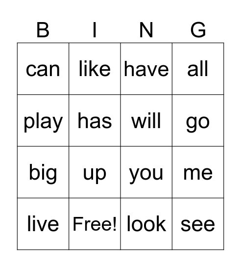 Power words Bingo Card