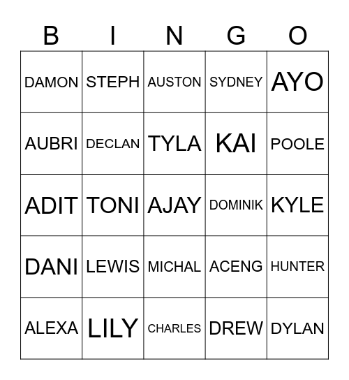 TYLA's Bingo Card