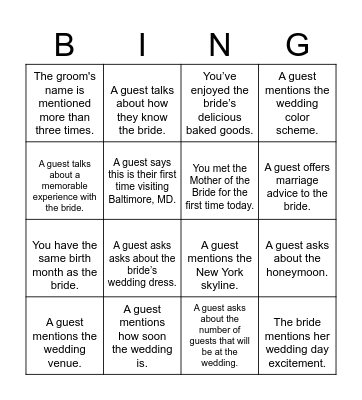 Bridal shower bingo Card