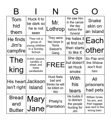 Huckleberry Finn Bingo Card