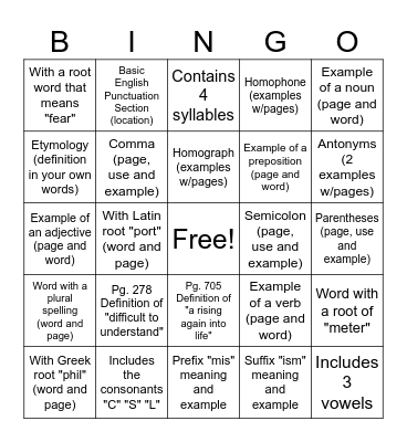 Dictionary Skills Bingo Card