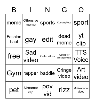 Instagram Reels bingo Card