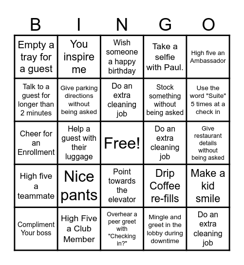 Hospitality Bingo Card