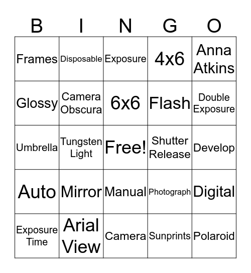 Photo Club Bingo Card
