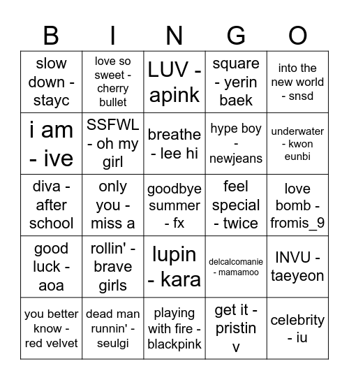 kpop of all time - girls Bingo Card