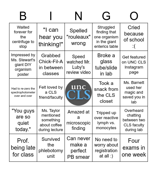 CLS Student Bingo -- UNC ver. Bingo Card