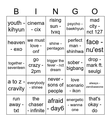 kpop of all time - boys Bingo Card