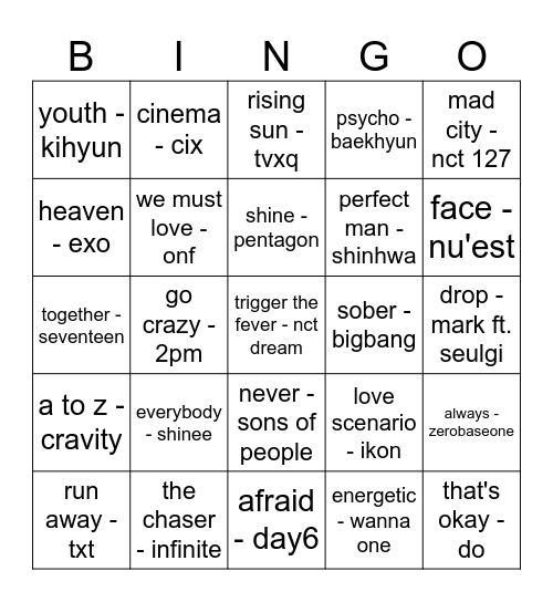 kpop of all time - boys Bingo Card