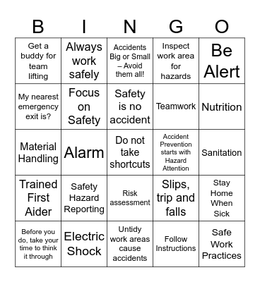 Health and Safety Bingo Card