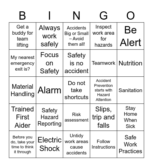 Health and Safety Bingo Card