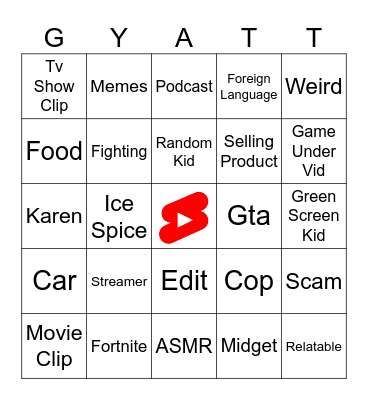 YT Shorts Bingo Card