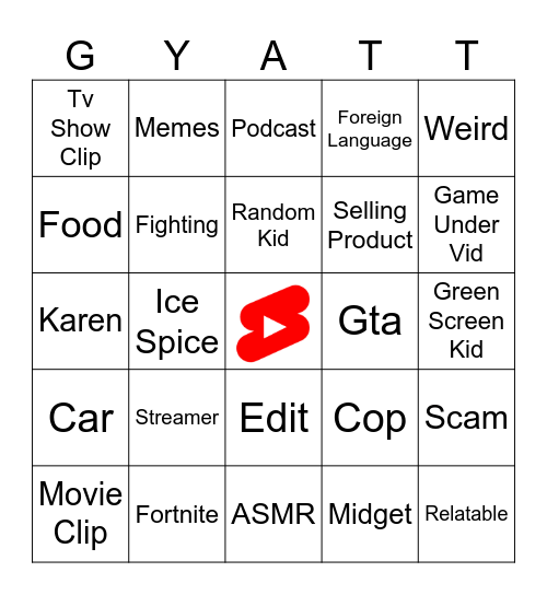 YT Shorts Bingo Card