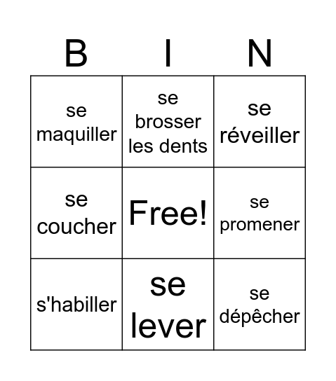Les verbes pronominaux Bingo Card