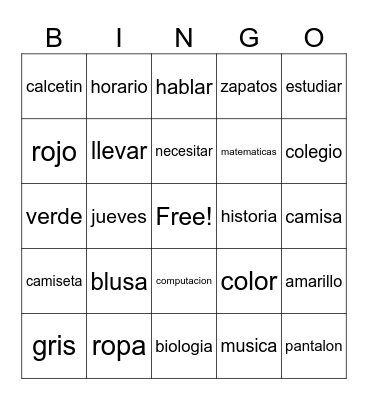 Que Chevere Unidad 2B Vocabulario Bingo Card