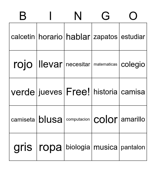 Que Chevere Unidad 2B Vocabulario Bingo Card