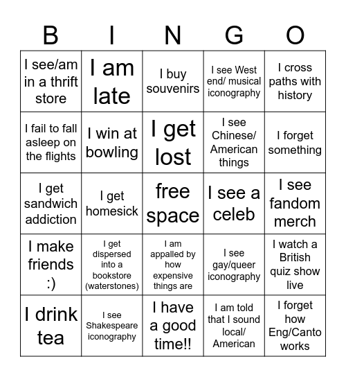 🇬🇧 UK study tour bingo Card