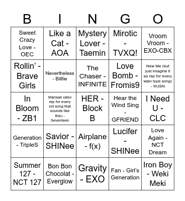 the kpop songs of all time Bingo Card