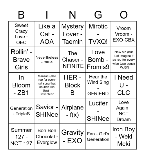 the kpop songs of all time Bingo Card