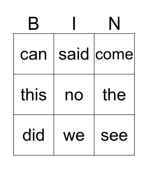 Sight Words Bingo Card