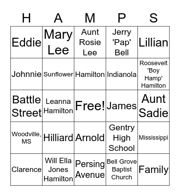 Hamp's Family Bingo Card