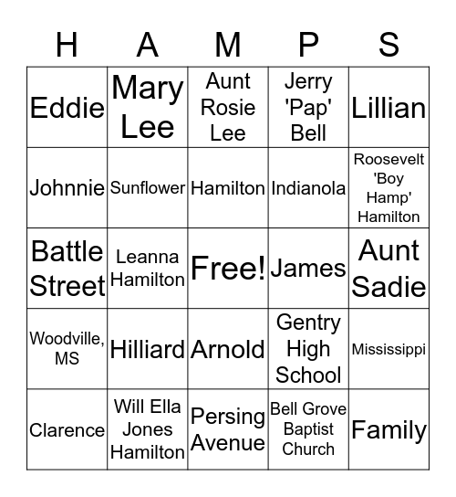 Hamp's Family Bingo Card