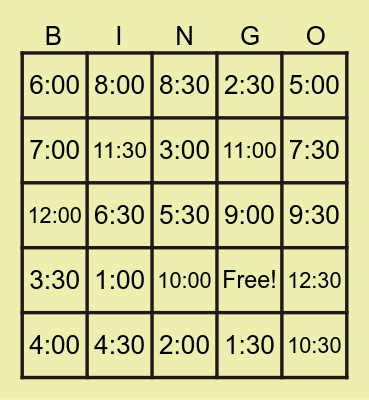 DIGITAL TIME BINGO Card