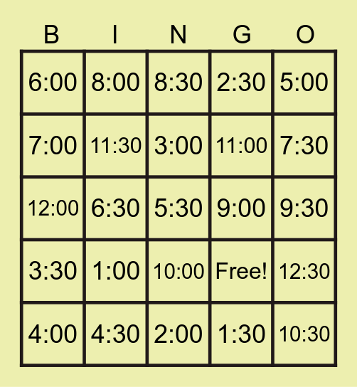DIGITAL TIME BINGO Card