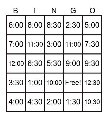DIGITAL TIME BINGO Card
