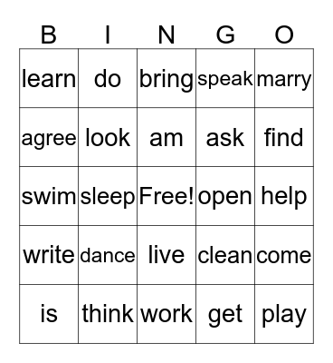 past tense verb Bingo Card
