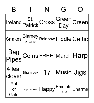 St. Ptrick's Day Bingo Card