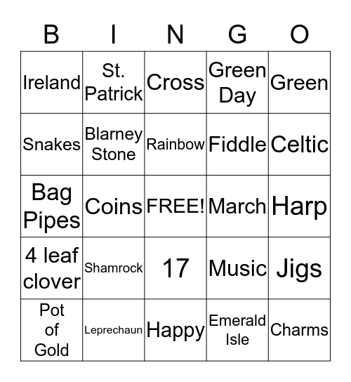 St. Ptrick's Day Bingo Card