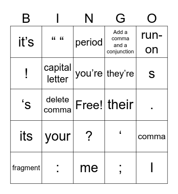 Grammar Bingo! Bingo Card