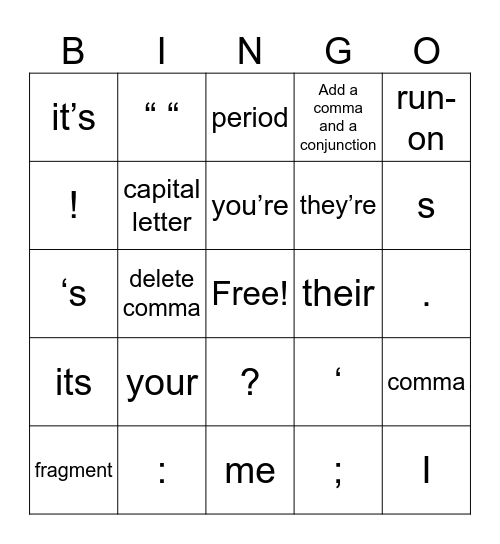 Grammar Bingo! Bingo Card