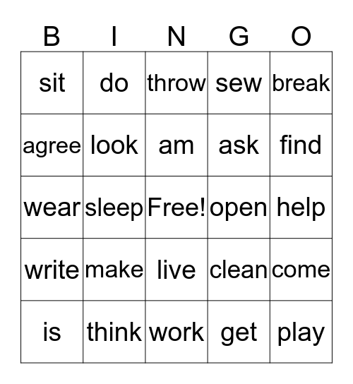 past tense verb Bingo Card