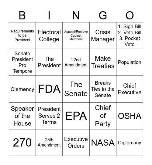 Executive Branch Bingo Card