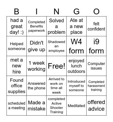 New Employee Bingo Card