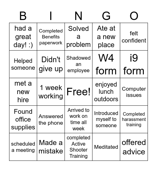 New Employee Bingo Card