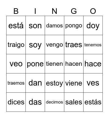 Irregular Yo Verbs Bingo Card