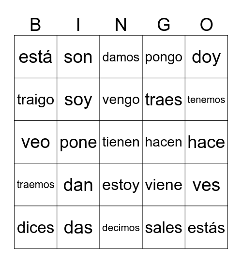 Irregular Yo Verbs Bingo Card