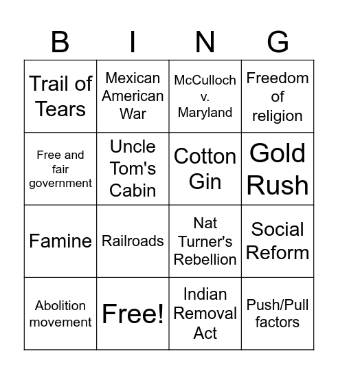 Antebellum America Bing! Bingo Card