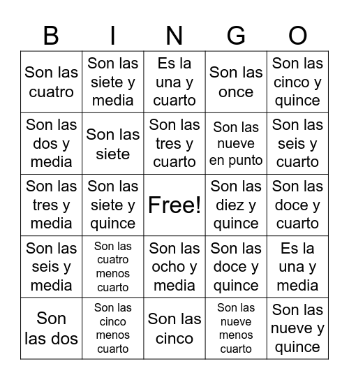 Spanish times Bingo Card