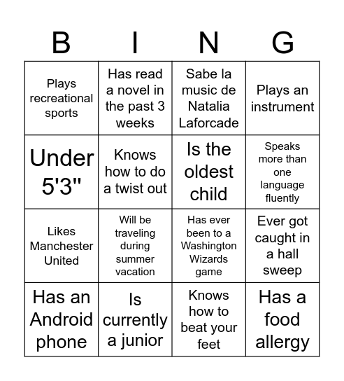Warm Up Bingo Card