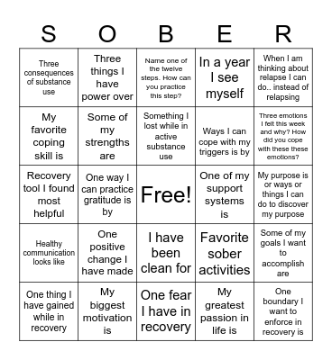 Recovery Bingo Card
